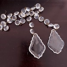 2 VINTAGE CLEAR FACETED GLASS BRASS DROPPERS LONG BEAD DROP CHANDELIER LIGHT 