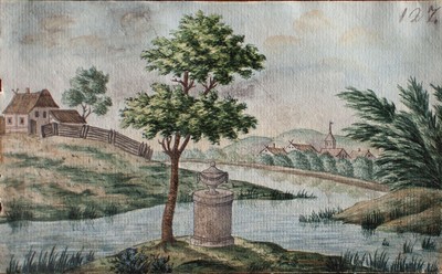Miniatur Flusslandschaft Urne Dorfansicht Kirche Unikat Original Gouache um 1800