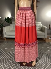 Vintage 1970  s Prairie Hippie Red Gingham Maxi Skirt Cottagecore Picnic Ruffles
