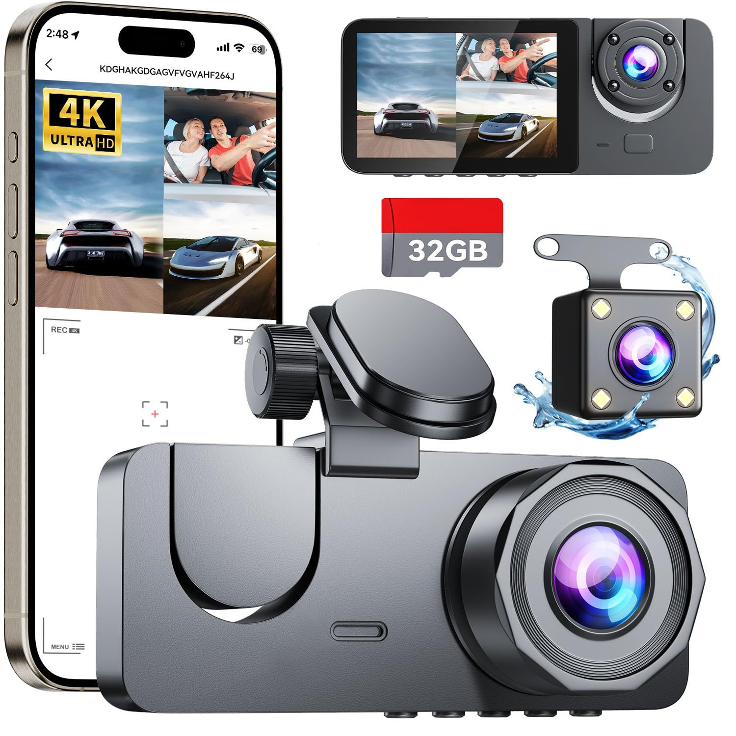 4K Full HD 3-Channel Dash Cam for Front Rear and Interior Vehicle Monitoring