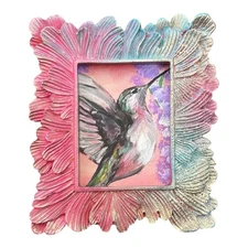 Hummingbird watercolor mini art print in colorful vintage style ornate frame