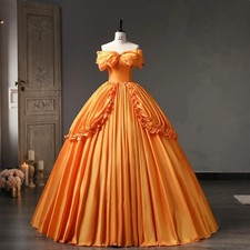 Orange Off Shoulder Bow Satin Ball Gown Ruffled Floral Party Quinceanera Dresses