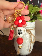 Gold Tone Red Floral Flower Keychain Keyring w/ Tassel Beads.