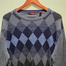 IZOD Sweater Mens Large Gray Blue Argyle 100 Cotton Crewneck Pullover