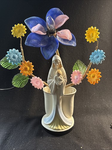 RARE Vintage Shafford Madonna & Child Porcelain Lamp Night Light Glass Flowers!