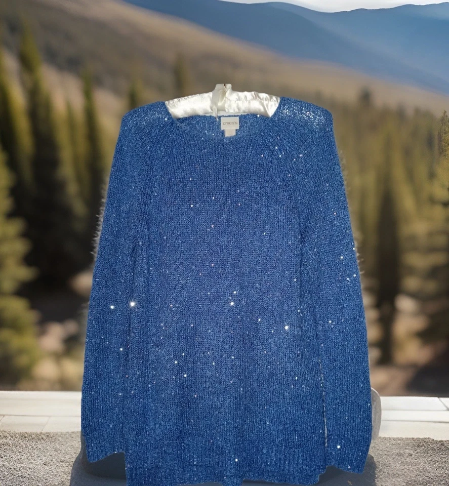 Suéter Chico's 0 Lentejuelas Brillo Palomitas Tejido Elástico Túnica Top Foto 2 de 4