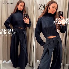 ZARA WOMAN FW25 DARK NAVY ZW COLLECTION WIDE LEG PLEATED PANTS 9264/041/422