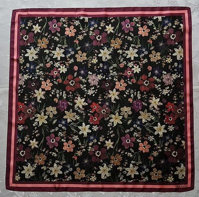 SCARF VINTAGE AUTHENTIC MAX & CO FLORAL ART BLACK PINK GREEN SILK 27'' SQUARE