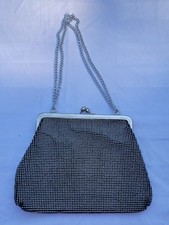 Vintage Black Beaded Handbag Pocketbook Purse Formal Accessory Clutch Long Chain