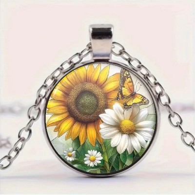 Sunflower & Daisy with Butterfly Round Glass Pendant Necklace