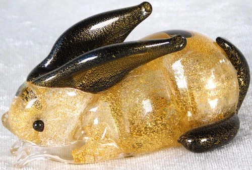 Vintage Gambaro Poggi Murano Gold Lutz Rabbit Art Glass Figure Paperweight 4.5"