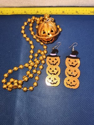 Halloween Pumpkin Lot Acrylic Three Jack O Lantern Dangle Earrings Glitter, Neck