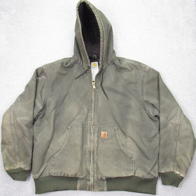 Carhartt Jacket Men s XL Reg J130 MOS Green Duck Canvas Hooded Faded Distressed
