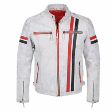 Men s Vintage Distressed White Leather Jacket...