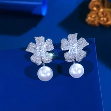 Sparkly Cubic Zirconia Flower Pearl Drop Earrings Silver Plated Wedding Jewelry