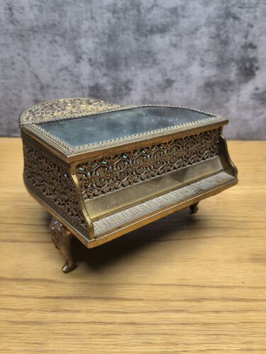 Vintage Brass Filigree Piano Jewelry Music Box with Patina *Works