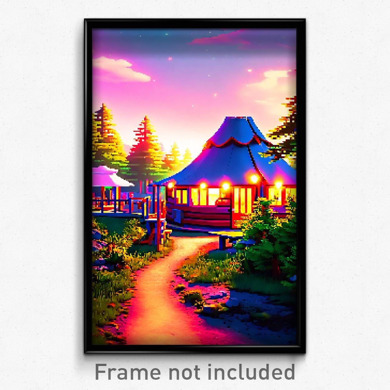 8 Bit Psychedelic Pixel Art Poster - Upbeat Camp Trippy Video Game Print