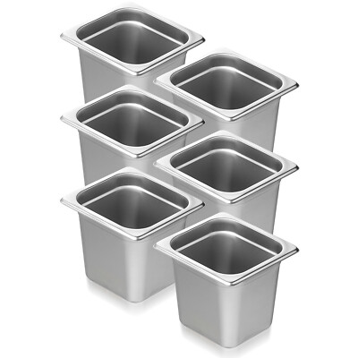 6 Pack 6'' Deep Hotel Prep Pans Steam Table Pan  1/6 Size Stainless Steel