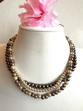 vintage and beautiful 3 strand multi color handmade pearl necklace 15.5  inch  