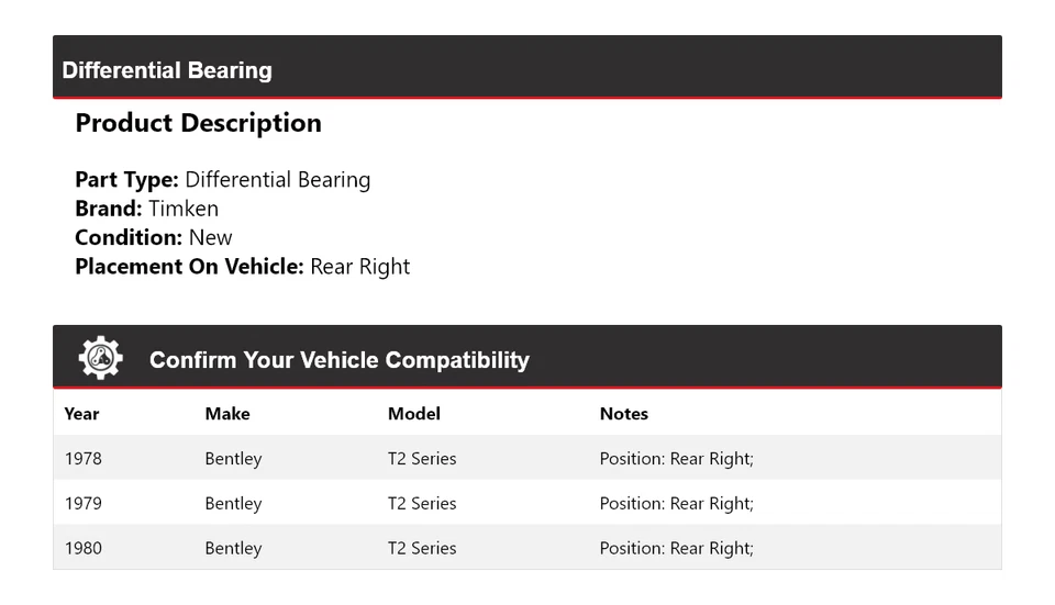 Cojinete diferencial trasero derecho Timken 1979 para Bentley serie T2 1978-1980 Foto 2 de 4