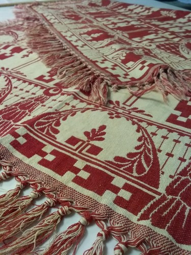 ANTIQUE FRENCH ART DECO RED AND WHITE HAND KNOTTED COTTON TABLECLOTH - Picture 6 of 6