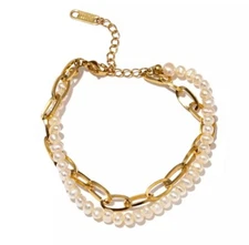 Double-Stranded Pearl and Chain Bracelet