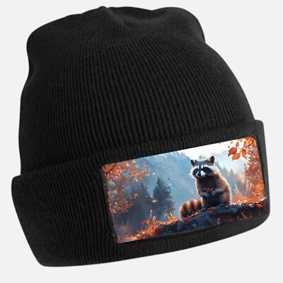 Majestic Raccoon Print Black Beanie Hat Unisex Cotton