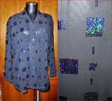 Vtg 80s Black SHEER Chiffon Sequin retro Party Blouse Top Shirt Tunic M L