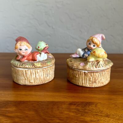 HOMCO Ceramic Elf/ Pixie Mushroom Vintage Trinket Box #5404 set of 2