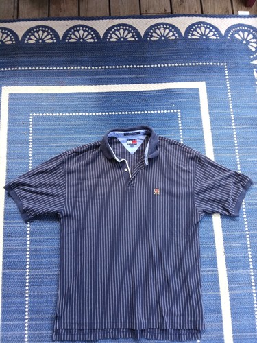 Tommy Hilfiger, Vtg 90's Tommy Hilfiger Polo Shirt Men's Large Navy Vertical Stripe Crest LogoXL