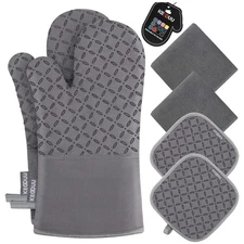 Essential 500°F Non-Slip Oven Mitts & Pot Holders Set - 6 Piece Grey Elegance
