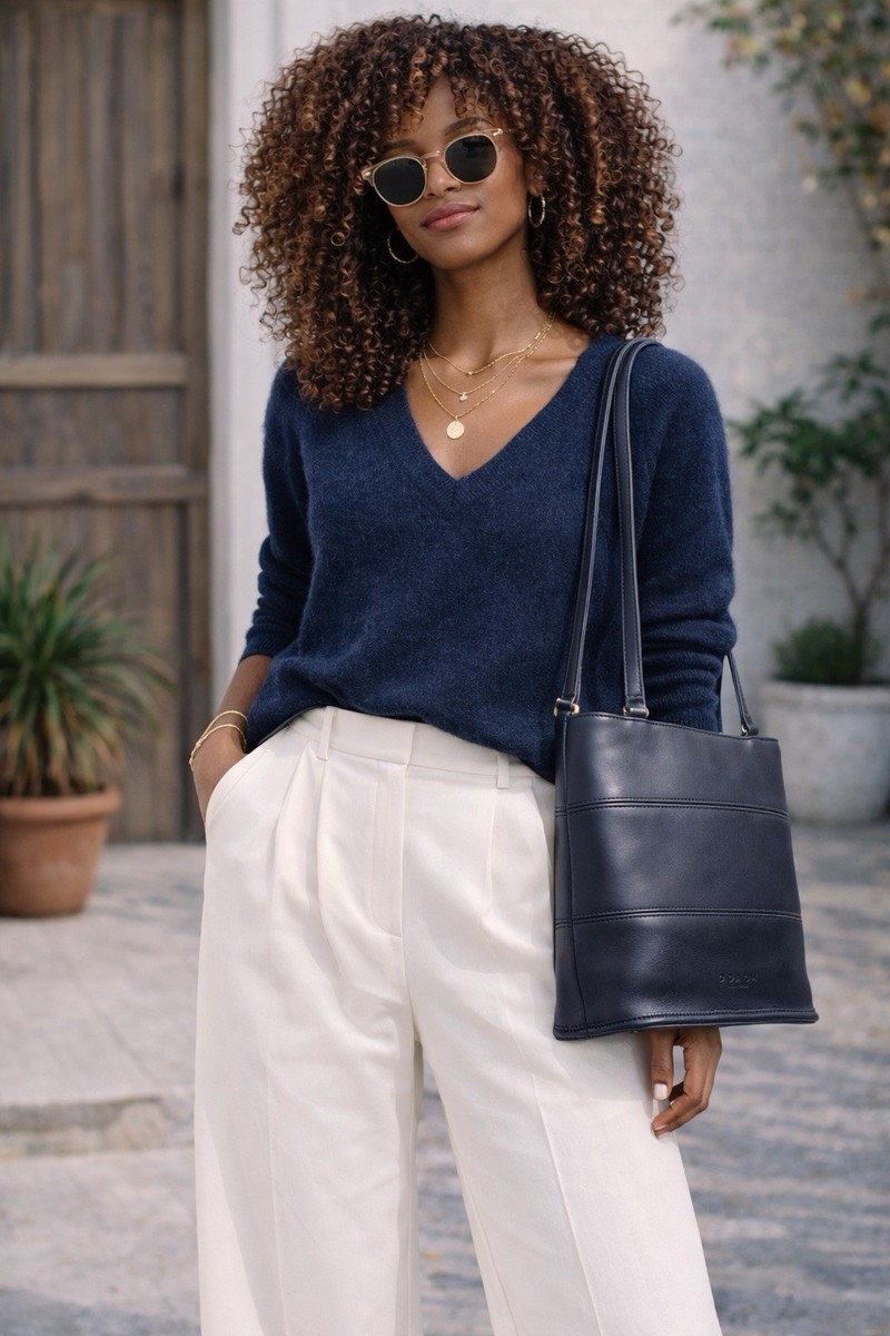 Coach Navy Blue Leather Tote Shoulder Bag Classic Minimalist Zip