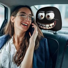 2Pcs Set of Funny Big-Eyed Grinning Cartoon Print Car Seat Headrest Covers, Univ