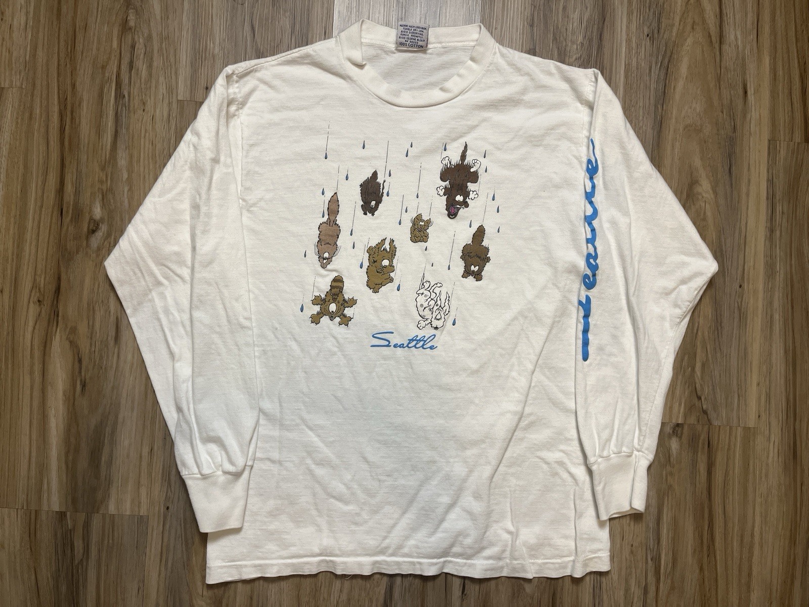 FILA T shirt vintage SEATTLE media pioggia gatti e cani manica lunga spellout LEGGI