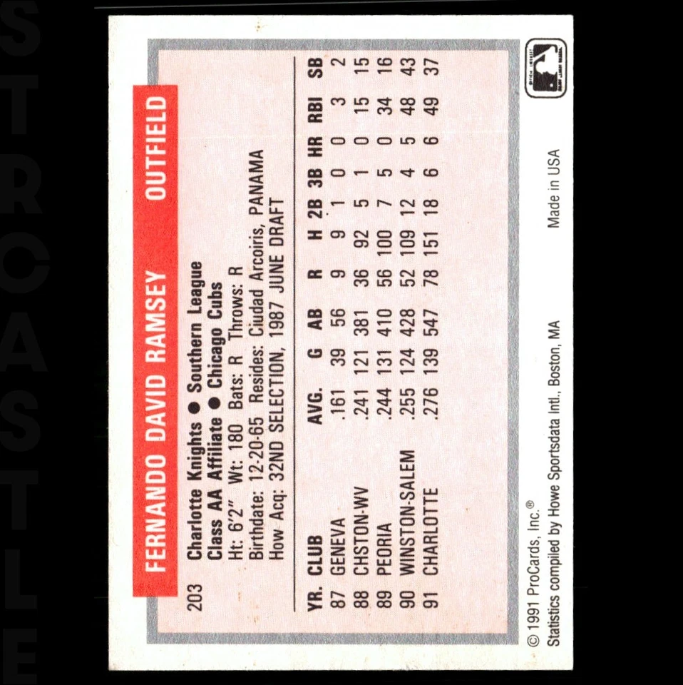 Fernando Ramsey 1991 ProCards Tomorrow's Heroes #203 Chicago Cubs ⚾Baseball RC - Image 2 of 3