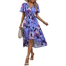 Women Flutter Sleeve Floral Wrap Dress with V-Neck Tie Waist High-Low Hem for Su