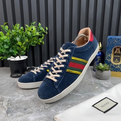 GUCCI Ace Web Foil Gold Low Top Sneaker Blue Velour 8G or 8.5 US or 42 EUR*