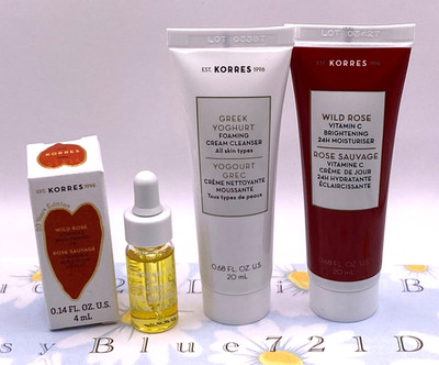 Korres Greek Yoghurt Foaming Cleanser & Wild Rose Moisturizer & Oil Lot of 3