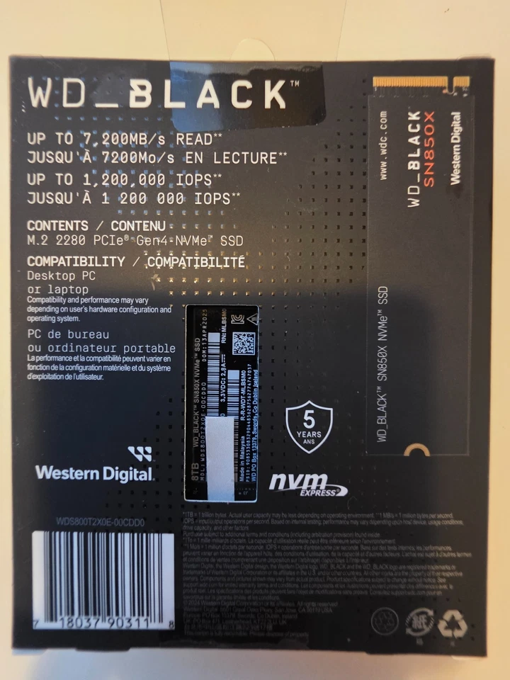 SSD WD_BLACK 8TB SN850X NVMe - Gen4 PCIe, M.2 WDS800T2X0E sem dissipador de calor novo na caixa - Imagem 2 de 2