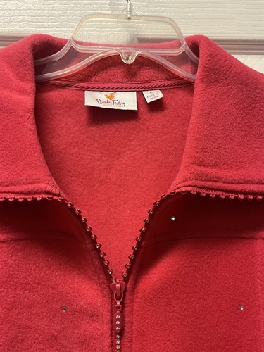 Quacker Factory Fleece Jacket Women L Pink Embellished Collared Zip Front Bling - Picture 5 of 9