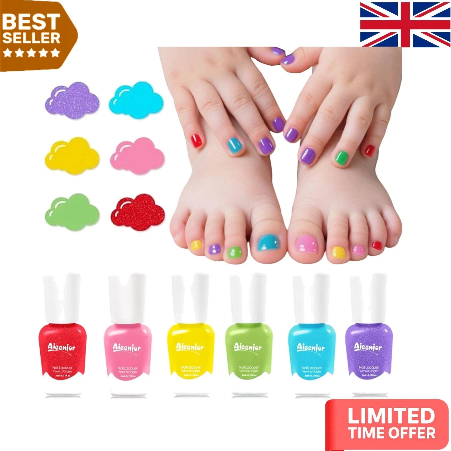 Colorful 6-Piece Peel-Off Kids Nail Polish Set - Non-Toxic & Quick Drying