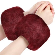 Faux Fur Short Wrist Cuff Winter Fuzzy Wrist Cuff Warmers for Burgundy Red
