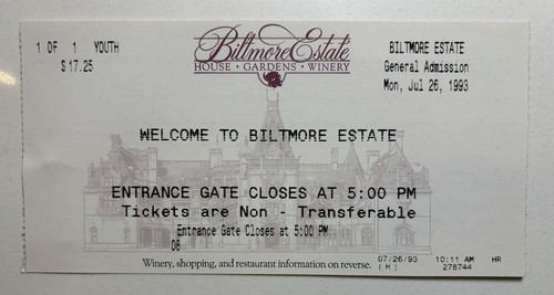 ADMISSION TICKET: 1993 - Biltmore Estate - Asheville, North Carolina