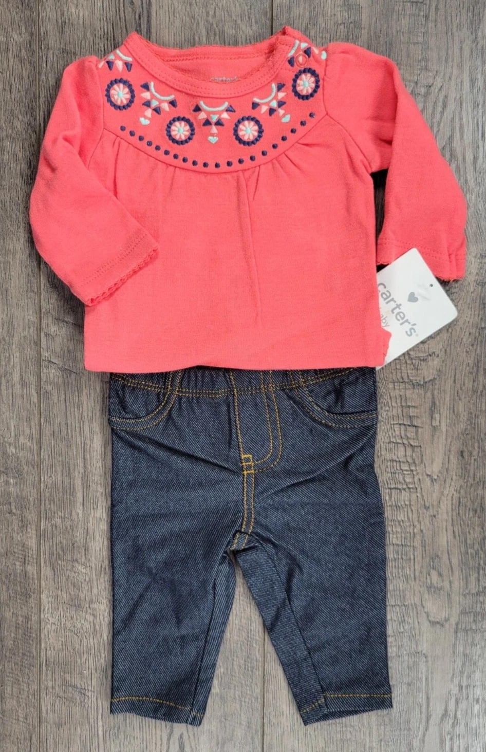 Baby Girl Clothes New Vintage Carter's Newborn 2pc Colorful Design Jean Outfit