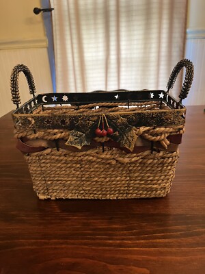 Two Handled Metal Trimmed Basket Stars Moon Holly Trim Rustic Country Christmas