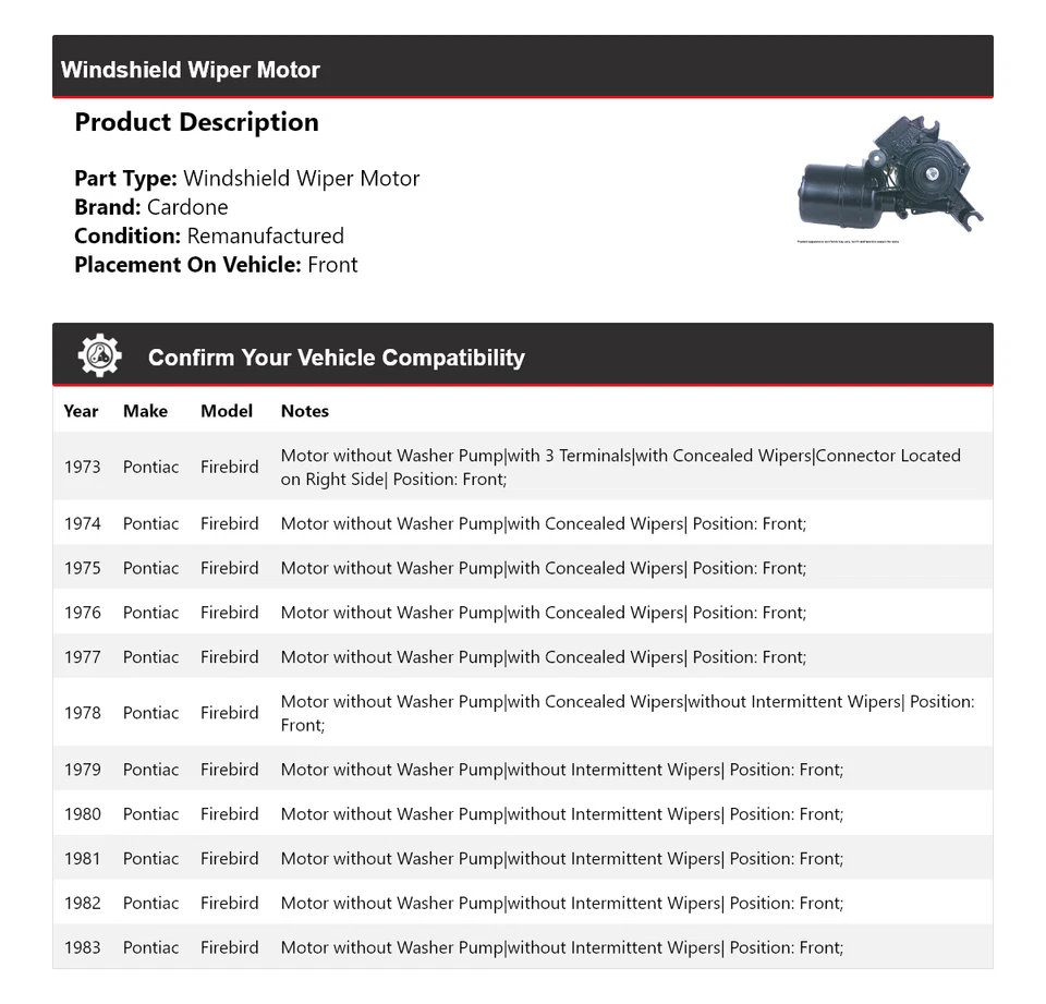 For 1973-1983 Pontiac Firebird Windshield Wiper Motor Front Cardone 1974 1975 - Image 2 of 4