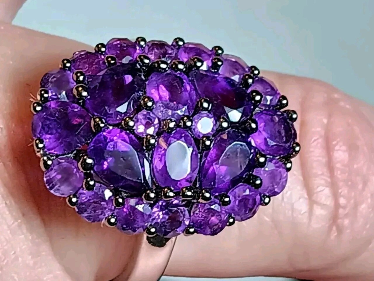 Quenching Grape Purple Amethyst Cluster Ring Oval Shield Sterling ...