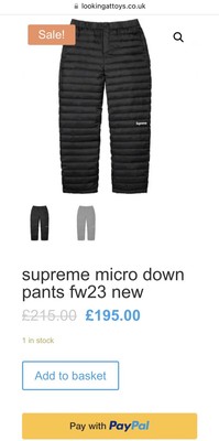 Supreme Micro Down Pants Black Box Logo FW23 Size Small Brand New 