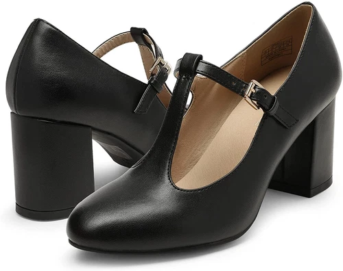 Women Wedding Mary Jane Pumps Close Toe Low Chunky Heel Pump Shoes - Picture 7 of 17