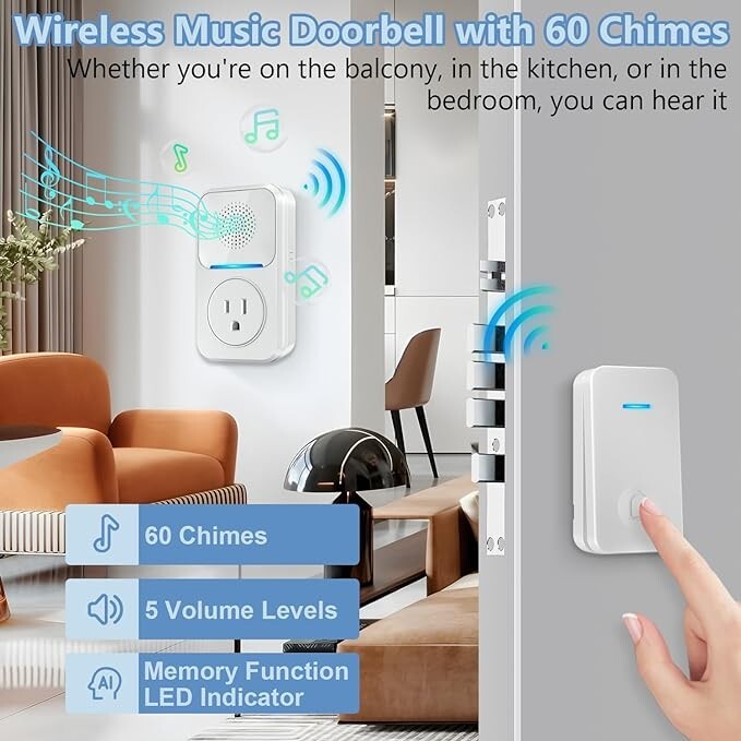 Wireless Doorbell with 60 Melodies and 5 Adjustable Volume Levels-image